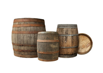 Obraz premium Many different wooden barrels on white background