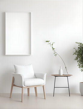 Modern Minimalism: Blank Picture Frame Mockup Adorns a White Wall in a Scandinavian-Style Living Room Clean, Airy Design with a Touch of Elegance from the Contemporary Chair Concept of Minimalism and 