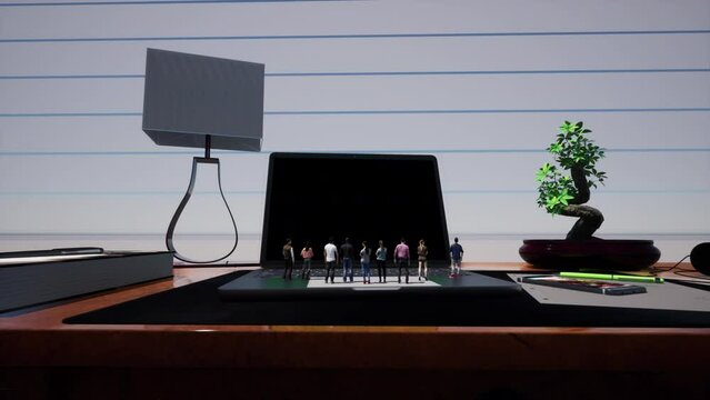 Tiny Crowd And Work Place with transparent laptop screen animation