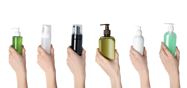 Face and body wash. Women holding bottles of different cosmetic products on white background, closeup. Collage design