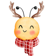Watercolor cute little bee with antler wearing a red beanie and scarf.Cute animal with christmas accessories illustration.