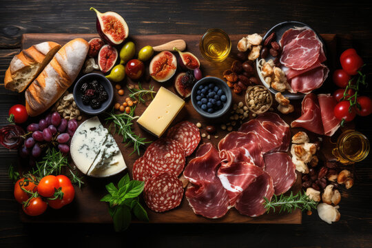 Tempting Tapas and Charcuterie Platter. A photo showcasing a selection of delicious tapas and charcuterie, with copy space on top. Culinary delights and food presentation concept. AI Generative