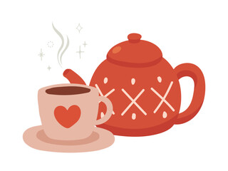 赤いティーポットとハートのティーカップのイラスト