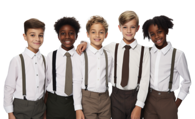 Group of little boys dressed with elegant clothes posing looking at camera. Isolated transparent background