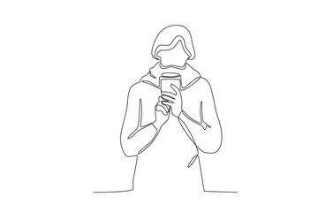 A woman wearing autumn clothes. Autumn one-line drawing