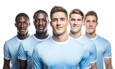 Front view of multiethnic male soccer team wearing light blue jersey. Transparent background