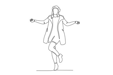 A happy woman wearing autumn clothes. Autumn one-line drawing