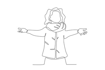 A young girl spreads her arms in autumn. Autumn one-line drawing