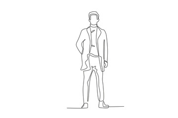 A man stands wearing autumn clothes. Autumn one-line drawing
