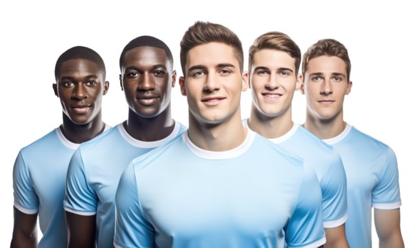 Front view of multiethnic male soccer team wearing light blue jersey. Transparent background
