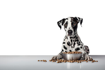 Adult Dalmatian dog eating food on a plate sitting on the floor over isolated transparent background