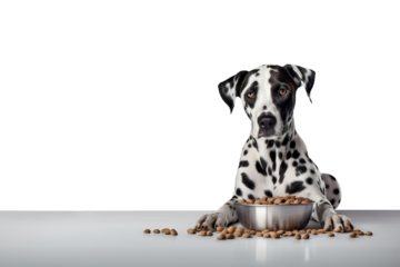 Adult Dalmatian dog eating food on a plate sitting on the floor over isolated transparent background