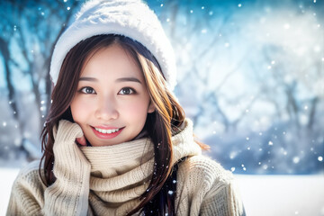 粉雪が舞うゲレンデで笑顔でカメラ目線の日本人女性(美人モデル)  - obrazy, fototapety, plakaty