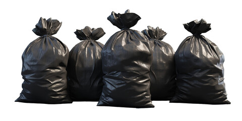 Black nylon bags of garbage over isolated transparent background