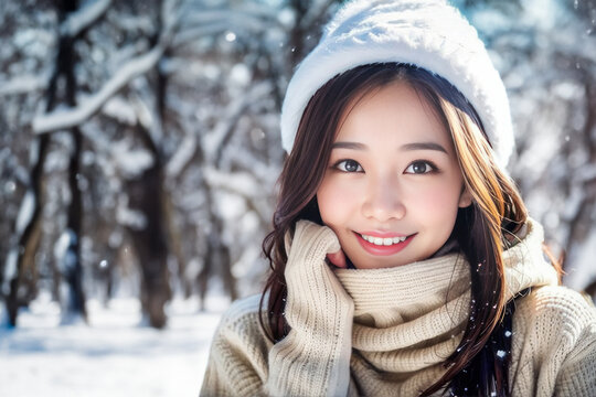 雪が降るゲレンデでデートをする日本人女性(美人モデル) 