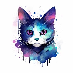 Cute blue cat with watercolor splashes on white background
