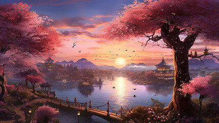 Sunrise over the lake with cherry blossoms, hd wallpaper, background, 4k, 8k