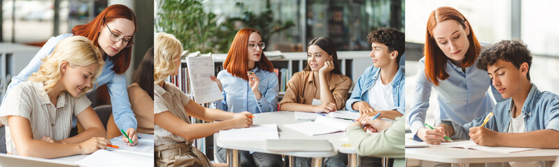 Collage of school children studying, learning language, exam preparation  together. Tutor explaining something, talking with college students. Education concept 