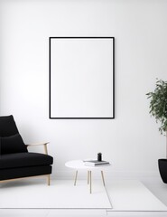 Modern Minimalism: Blank Picture Frame Mockup Adorns a White Wall in a Scandinavian-Style Living Room Clean, Airy Design with a Touch of Elegance from the Contemporary Chair Concept of Minimalism and