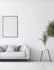 Modern Minimalism: Blank Picture Frame Mockup Adorns a White Wall in a Scandinavian-Style Living Room Clean, Airy Design with a Touch of Elegance from the Contemporary Chair Concept of Minimalism and