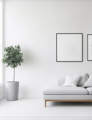 Obraz na płótnie Canvas Modern Minimalism: Blank Picture Frame Mockup Adorns a White Wall in a Scandinavian-Style Living Room Clean, Airy Design with a Touch of Elegance from the Contemporary Chair Concept of Minimalism and