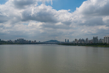 Fototapeta premium Seoul City, south korea building skyline and skyscraper business and financial office beautiful construction witn han river