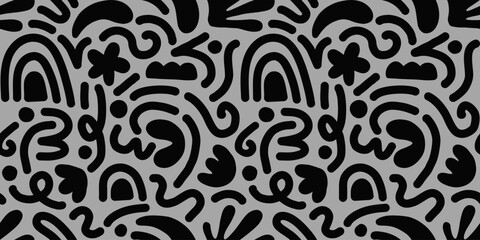 Hand drawn contemporary art collage with black and gray abstract shapes. Vector seamless pattern with Scandinavian cut out elements.