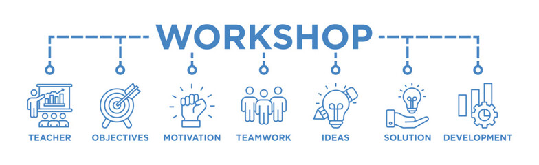 Workshop banner web icon vector illustration concept with icon of teacher, objectives, motivation, teamwork, ideas, solution, and development	