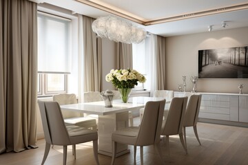Fototapeta premium Bright spacious dining room with wooden big table. ai generative