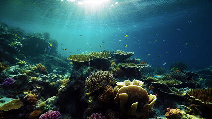 Naklejka na ściany i meble Underwater landscape reef and blue ocean background. Generative AI