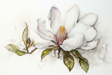 Watercolor drawing of white magnolia on white background for prints and postcards. Generative AI