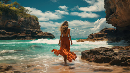 Photograph a beautiful Thai woman walking on the beach, surrounded by the vivid colors of the ocean and the tropical landscape