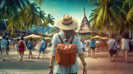 Fototapeta na wymiar create a realistic image of thailand tourist poster fo social media,thailand tourist place, touist female with tourist bag, cinematic, attractive , thailand, tourist,