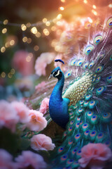 Obraz premium Beautiful Peacock in a Flowers Garden