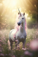 Obraz na płótnie Canvas Unicorn in Fairy Sunny Forest