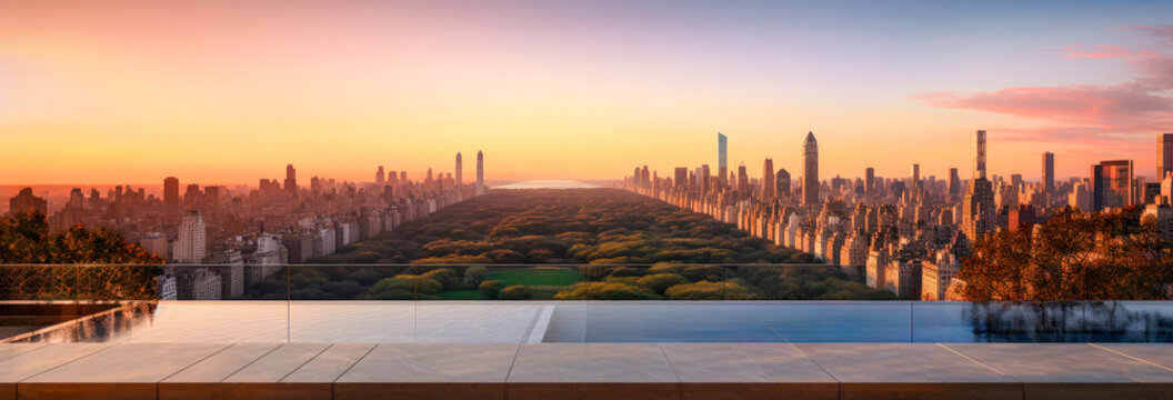 Illustration of a panoramic view of Central Park in New York from a condo balcony at dusk. A beautiful sunset bathes the city park with soft light