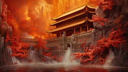 Otherworldly Underground Lost Chinese Palace in a Dark Red Forest, majestic ancient chinese temple in the Dream Realm, fantasy art, red, yellow, generative AI