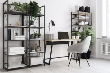 interior background trendy desktop space furniture desk contemporary nobody lamp indoor shelves. Generative AI.