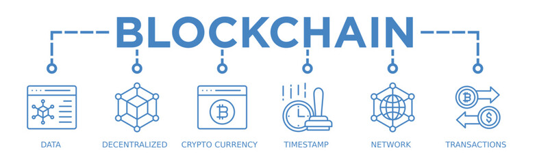 Blockchain banner web icon vector illustration concept with icon of data, decentralized, crypto currency, timestamp, network and transactions	