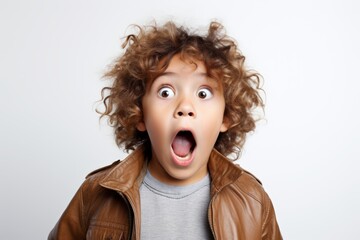 a young kid boy expressing surprise and shock emotion with his mouth open and big wide open eyes. isolated on white background. Generative AI