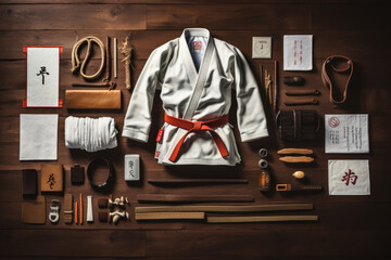 Martial Arts Mastery. Artfully arranged karate equipment in a flat lay on a wooden background. Discipline and dedication in martial arts concept. AI Generative