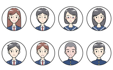 制服を着た中学生・高校生の男女　ネガティブな表情　丸いアイコンセット　ホワイト