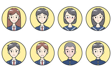 制服を着た中学生・高校生の男女　ネガティブな表情　丸いアイコンセット　イエロー