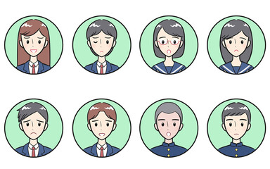 制服を着た中学生・高校生の男女　ネガティブな表情　丸いアイコンセット　グリーン