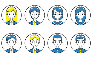 制服を着た中学生・高校生の男女　ネガティブな表情　丸いアイコンセット シンプル