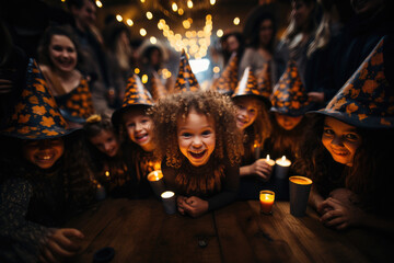 Obraz na płótnie Canvas Spooky Kids' Halloween: Photo of Children with Witch Costumes and Pumpkins Galore - AI Generative
