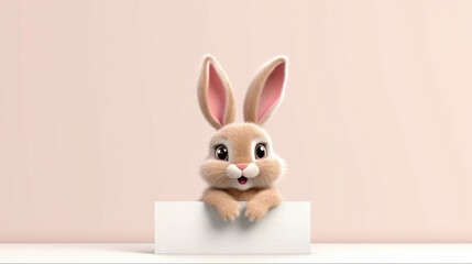 3D Bunny Banner: A cute 3D bunny design holding a white card on a simple pastel background with space for text. Copy space. Adorable concept - AI Generative