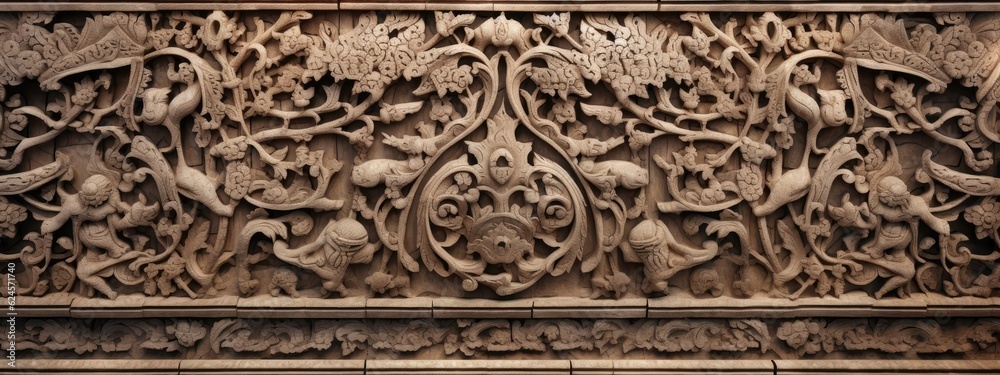 Wall mural intricate carvings and ornate designs adorn the surface of the wall texture. generative ai