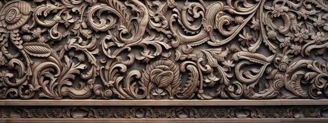 Intricate carvings and ornate designs adorn the surface of the wall texture. Generative AI