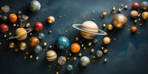 Exploring the Cosmos: Top-View Space Concept with Miniatures of Planets, Stars, and Meteoroids. banner with copy space
